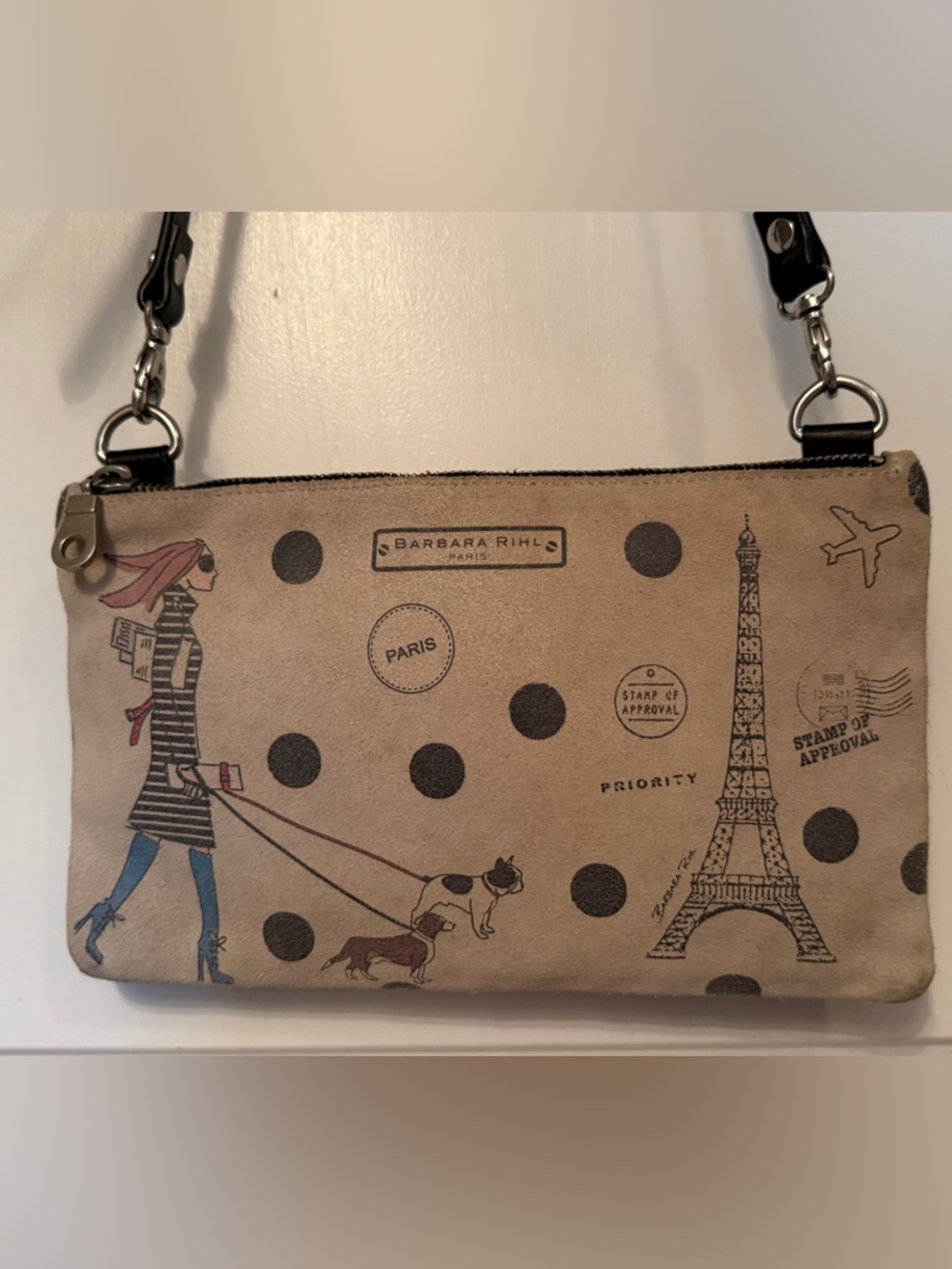 BARBARA RIHL FRANCE BAG CROSSBODY GRAY SUEDE LADY DOGS EIFFEL BLACK LEATHER